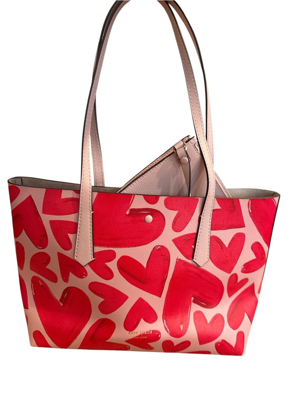 Kate Spade New York Heart Print Tote Bag with Matching Zip Wristlet Pink Red - Picture 4 of 7